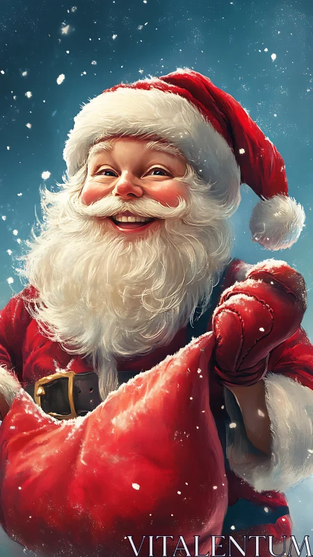 Joyful Santa portrait with snow and bulging red gift sack.