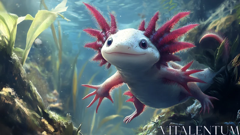 Smiling axolotl glides through lush underwater forest.