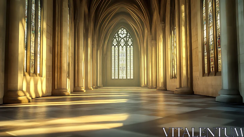 Sunlit cathedral aisle with tall arches and stained glass.