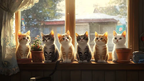 Six Whisker Philosophers Watch Winter Through Golden Glass.