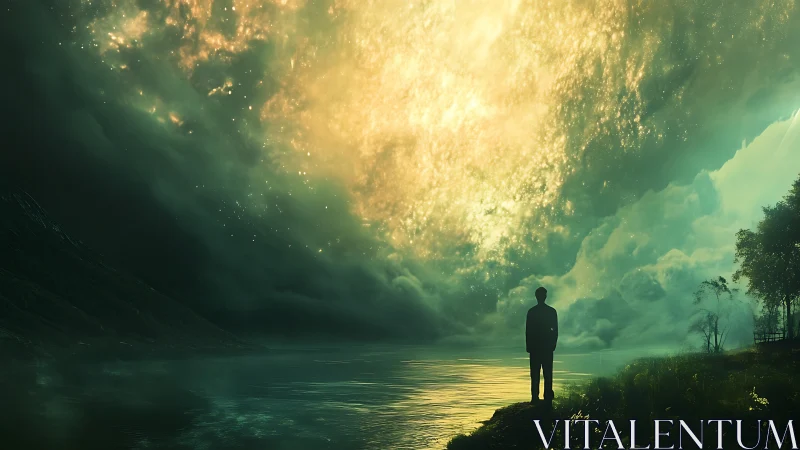 Solitary figure contemplates a luminous cosmic sky over water