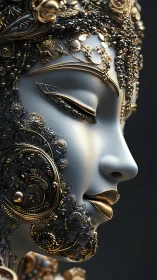Ornate metallic goddess profile with intricate gold filigree.