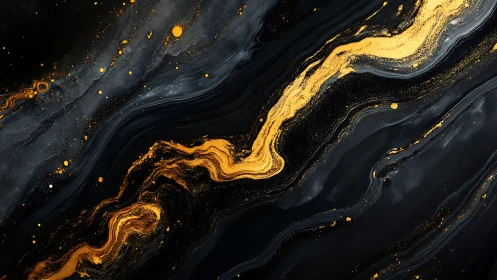 Molten gold pigment river over black fluid marble ground