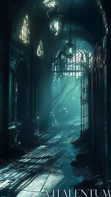 Dim stone corridor with iron gates and overhead lanterns.
