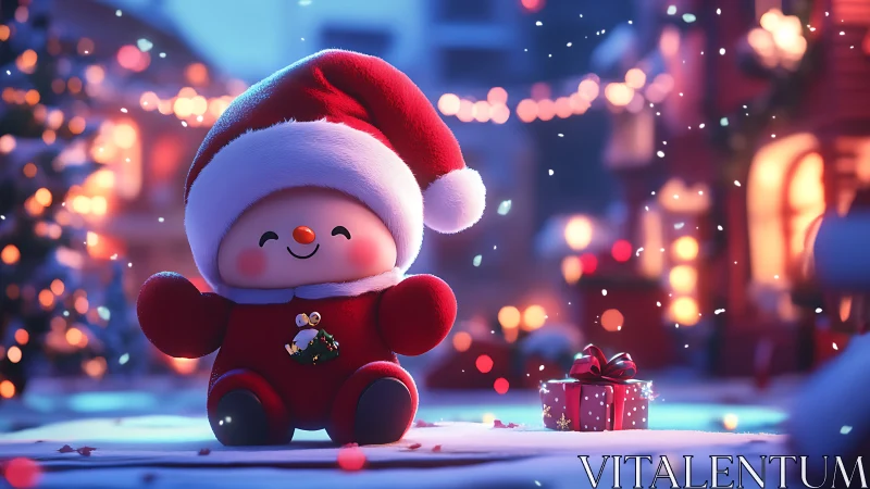 Cute Santa plush toy in snowy festive night street scene.