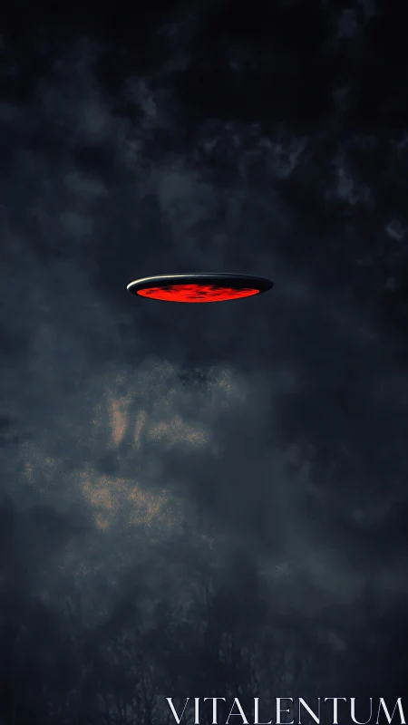 Crimson saucer hums above storm-choked nocturne sky.