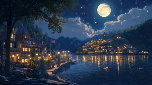 Moonlit lakeside village glows warmly beneath a starry sky