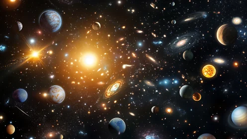 Glowing cosmic neighborhood filled with playful planets and stars.