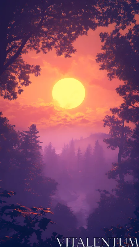 Spectral forest valley under oversized solar disk at dusk.