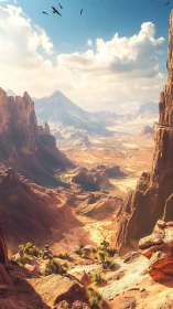 Sunlit canyon rivers of sand beneath distant sleeping volcano.