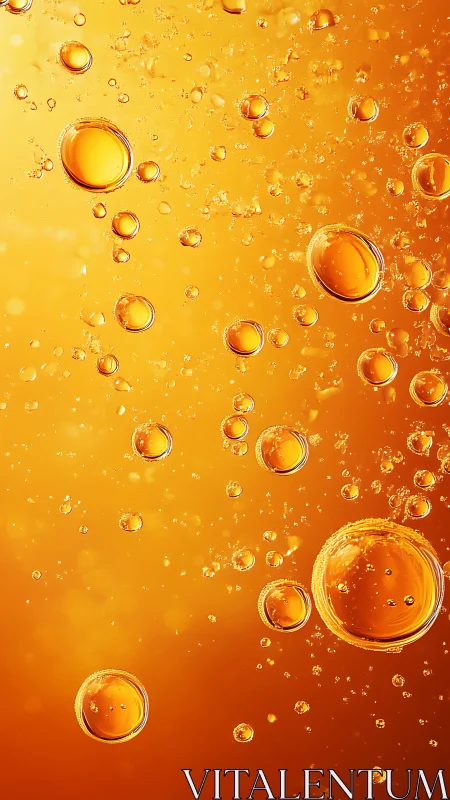 Macro oil droplets suspended in luminous amber liquid field.