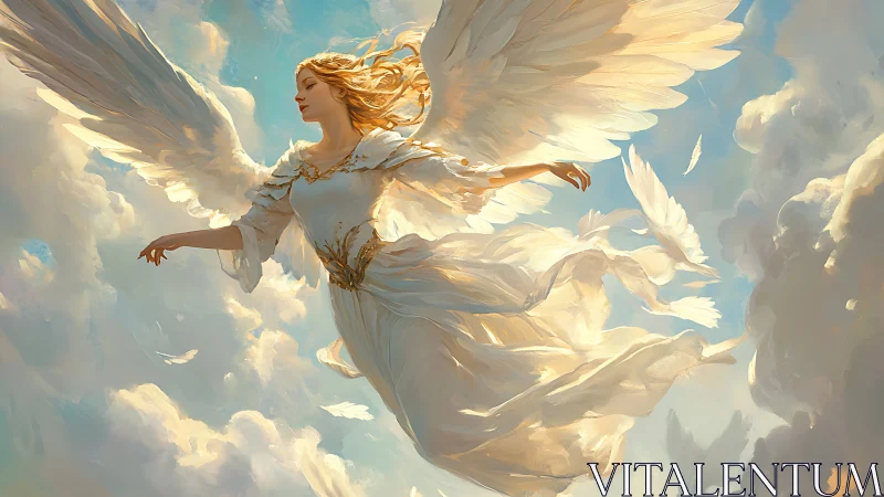 Luminous winged figure gliding through stratified celestial clouds.