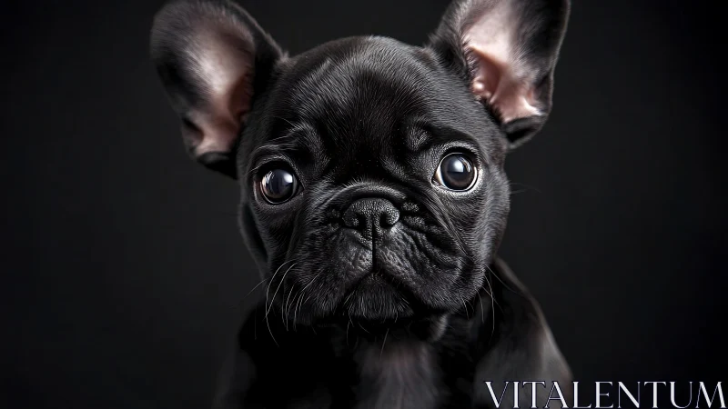 Photorealistic black French Bulldog puppy portrait on black background.