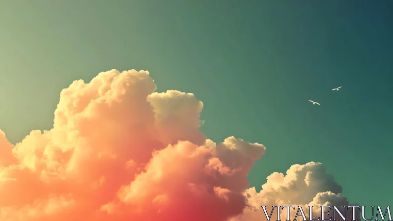 Sunlit cumulus clouds rise under teal sky with birds
