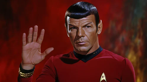 Vulcan officer in red uniform with raised salute gesture.