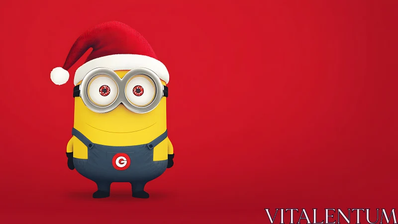 Yellow cartoon helper wears Santa hat on red background.