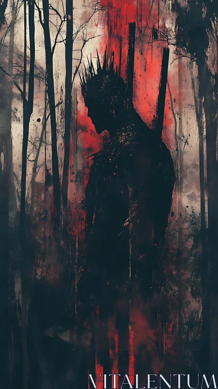 Shadowed forest king emerging from a storm of crimson light.