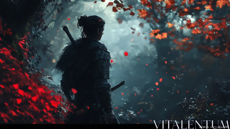 Solitary armored figure observing red foliage in forest.
