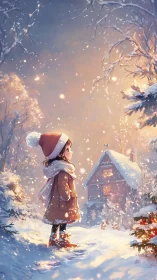 Snow-laden anime scene renders soft dusk lighting and depth cues