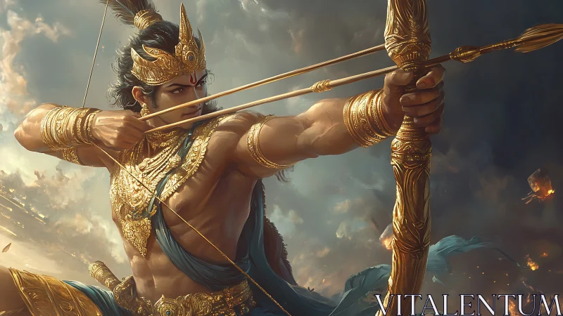 Mythic archer draws golden bow with dynamic atmospheric lighting