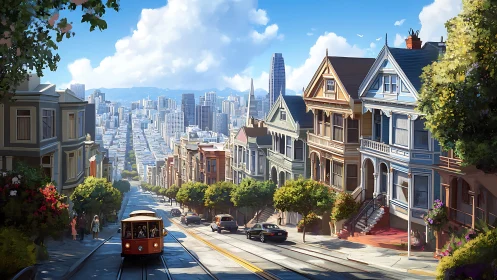 Sunlit hilltop streetcar gliding through painted city dreams.