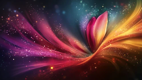 Abstract light streams converge around central petal forms