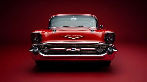 Frontal optical study of glossy red 1950s American coupe.
