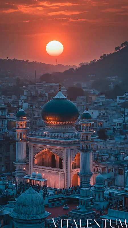 Sunset over illuminated Indo-Islamic mosque amid dense hillside city