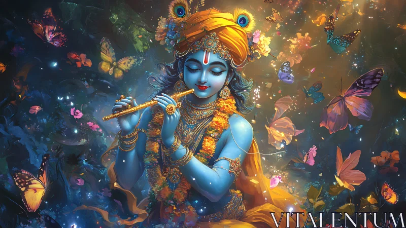 Divine blue flutist amid luminous butterflies and blooms.