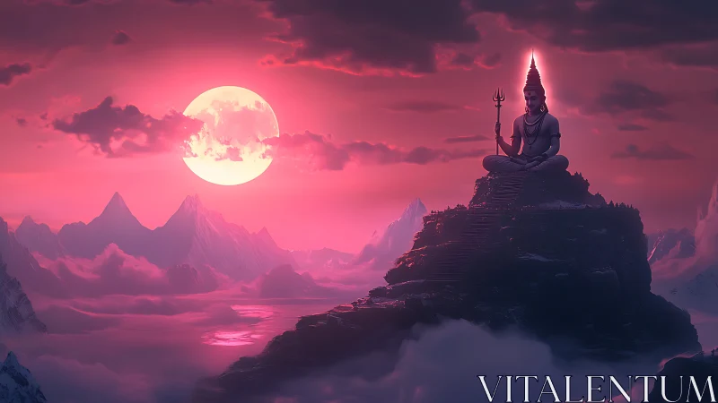 Divine figure meditates above pink moonlit Himalayan peaks.
