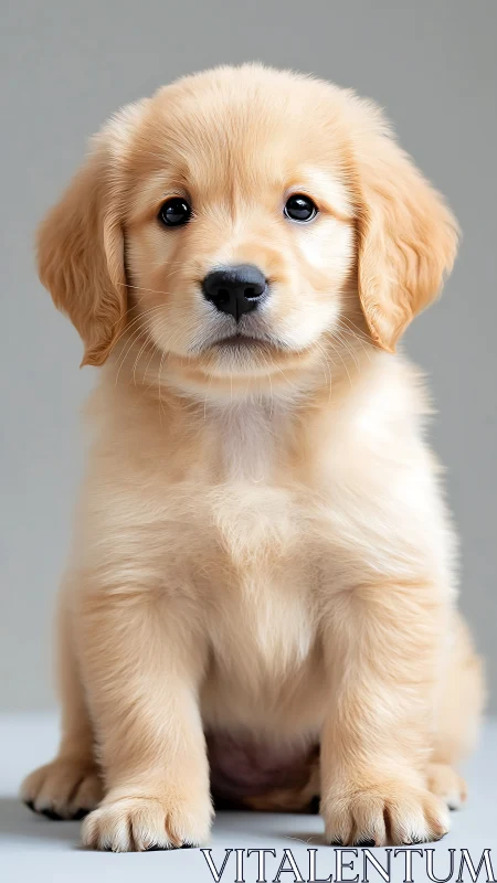 Golden retriever puppy sits calmly against soft gray backdrop.