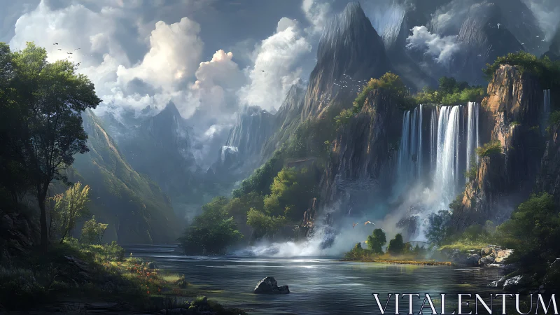 Mountain valley river with multi-tiered waterfalls and mist.