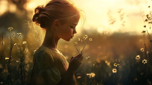 Backlit child profile examining wildflowers at golden hour.