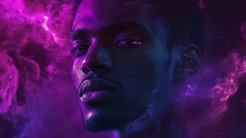 Neon-lit male portrait emerges through magenta cosmic vapor