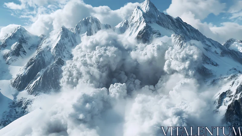 Snow-clad alpine peaks with dynamic powder avalanche impact.