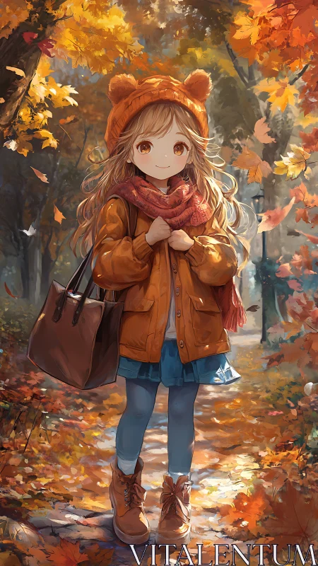 Autumn park stroll with warm-toned child character design.