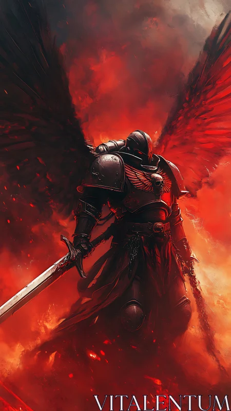 Armored winged warrior with sword in red fiery environment.