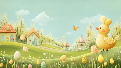 Illustration depicts stylized chicks, eggs, and cottages in a field