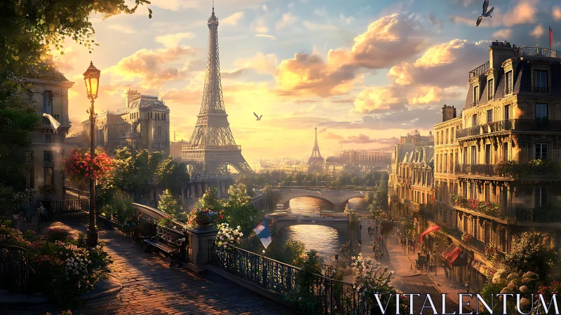 Golden Paris evening with the Eiffel Tower and quiet riverwalk.