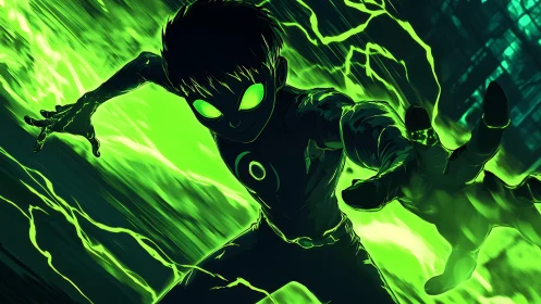 Green-eyed energy hero lunges through electric vortex
