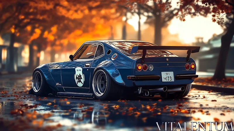 Low blue tuner car on wet autumn street at sunset.