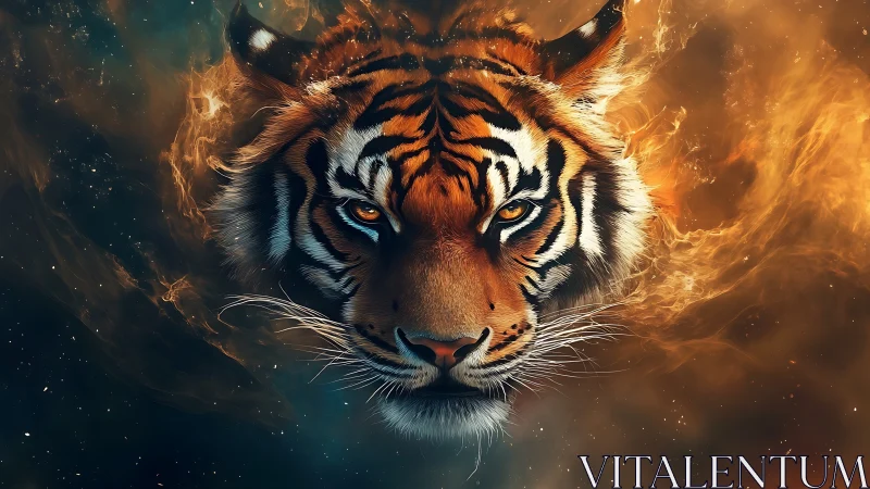 Cosmic ember tiger emerging from swirling starlit firestorm.