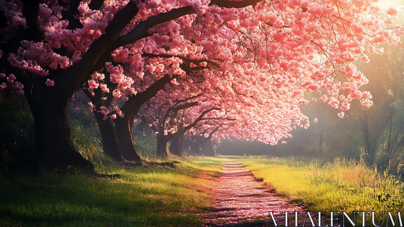 Sunlit cherry blossom path curves through serene spring grove.