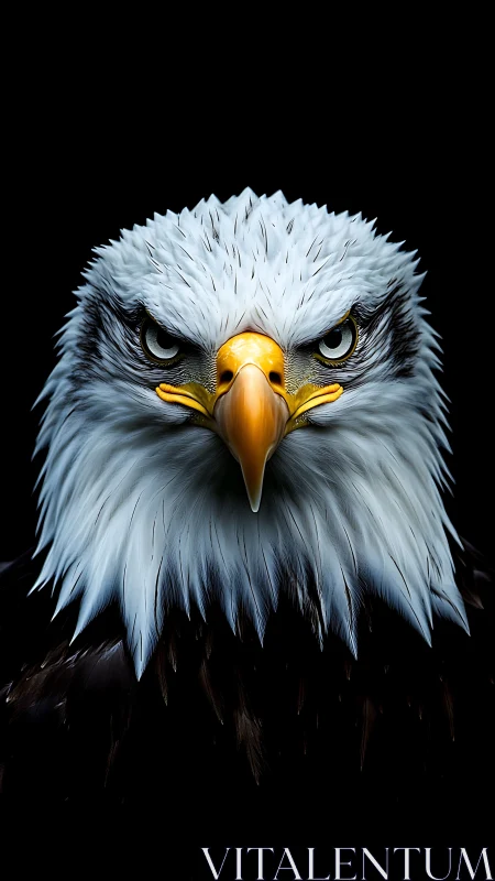 Bold eagle portrait glowing against deep night sky.