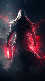 Hooded assassin with glowing red knife in smoky void.