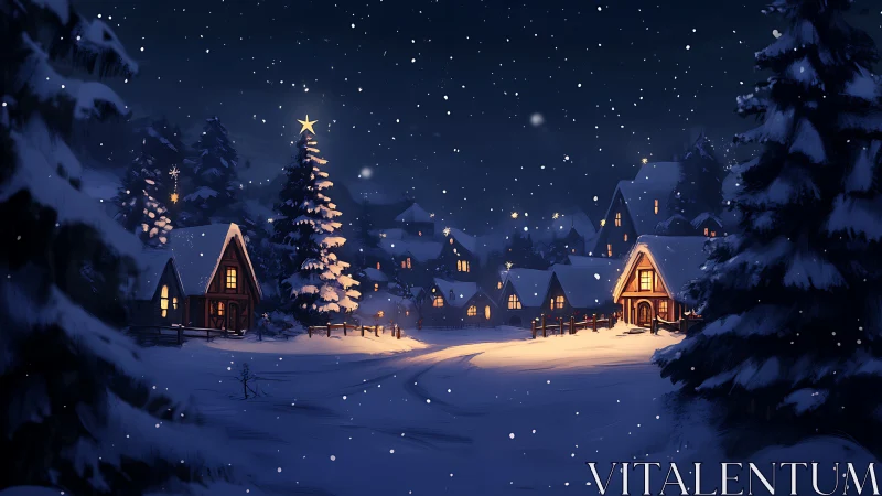 Snowy village glows under starlit winter night sky.