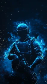 Midnight shock trooper ignites in electric sapphire smoke.