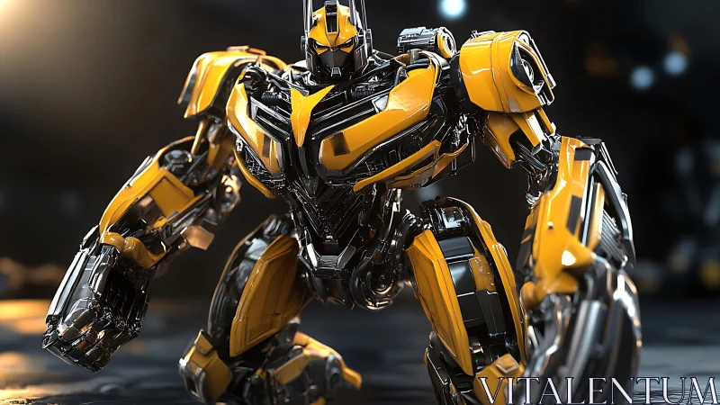 Armored yellow combat mech in cinematic studio lighting.