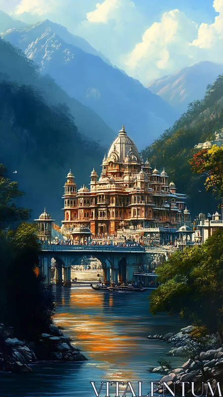 Mountain temple city above river bathed in golden light.