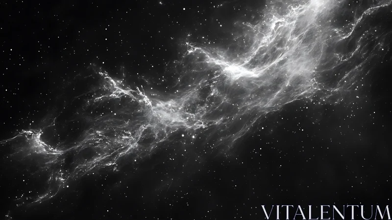 Monochrome wispy nebula structure against dense star field.